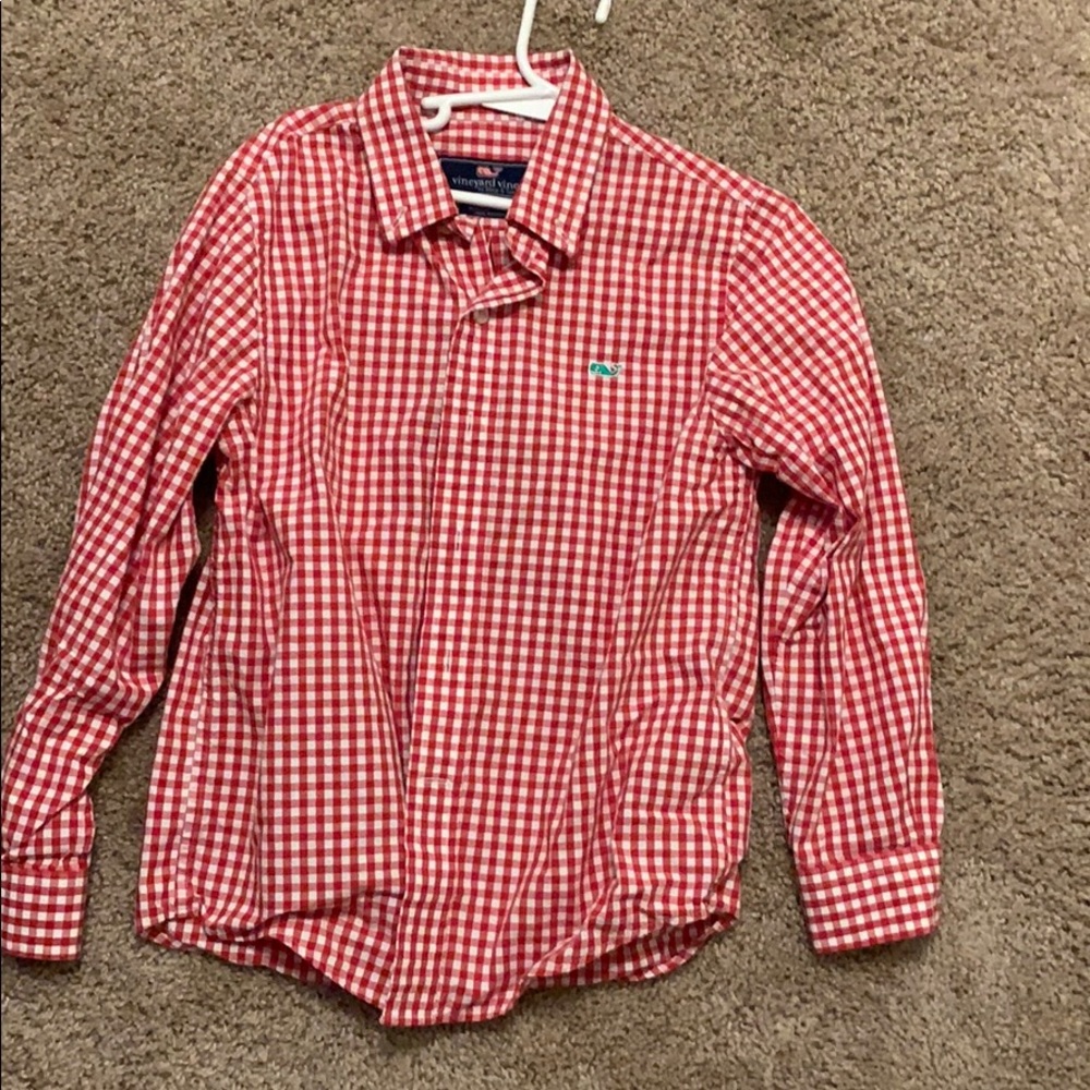Red and white plaid button up